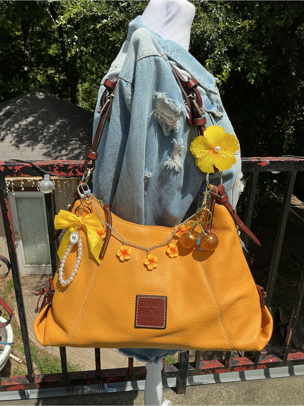 Dooney & Bourke Bright Yellow Pebbled Leather Shoulder Bag with Brown Trim